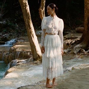 Self Portrait Ivory Corded Lace Tiered Midi Skirt & lace top